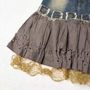 Tiered Lace-Trim Denim Midi Skirt (S)