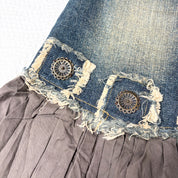 Tiered Lace-Trim Denim Midi Skirt (S)