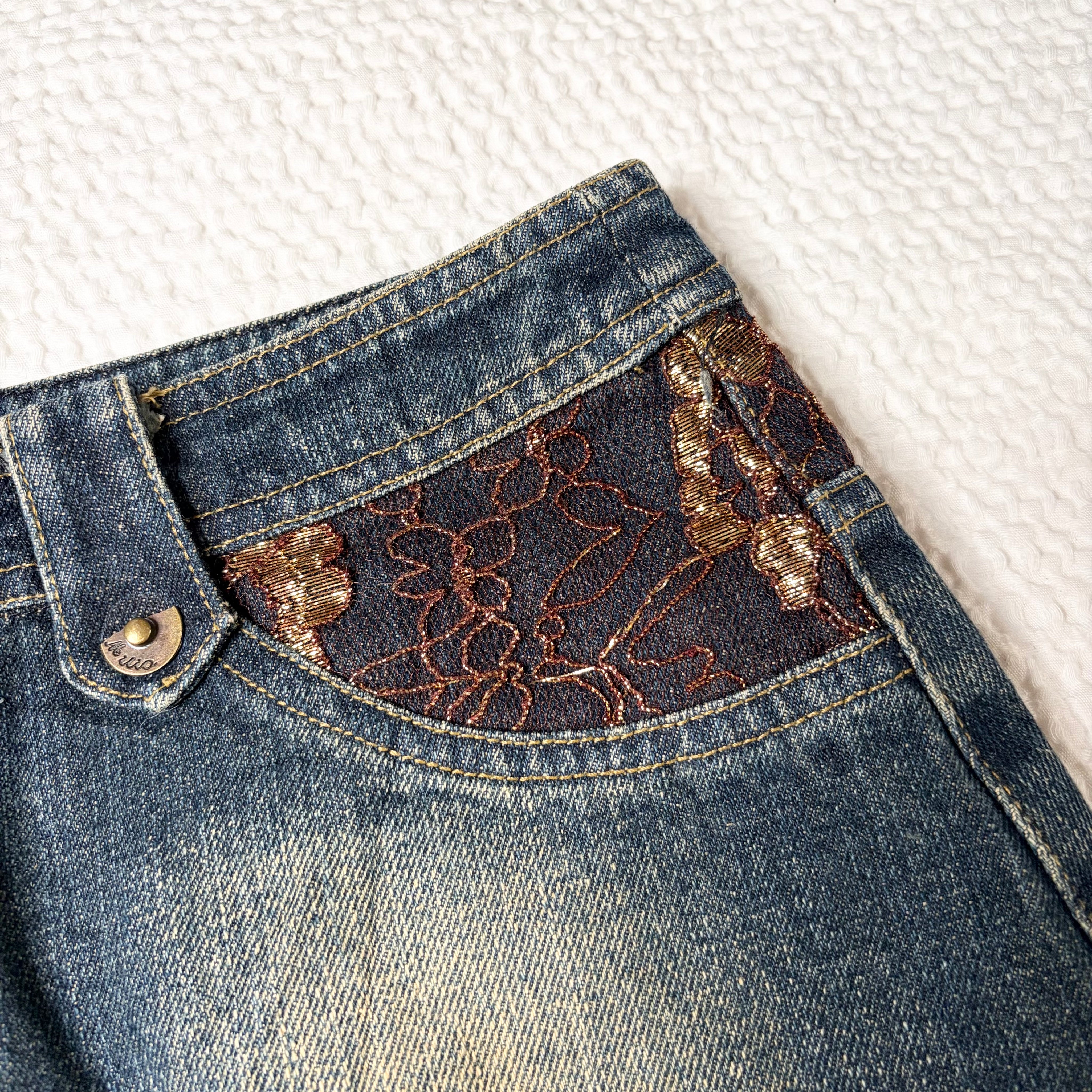 Tiered Lace-Trim Denim Midi Skirt (S)