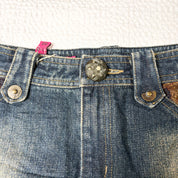 Tiered Lace-Trim Denim Midi Skirt (S)