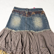 Tiered Lace-Trim Denim Midi Skirt (S)