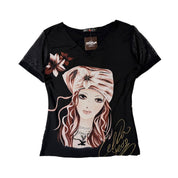 Mossy Bedazzled Face Graphic Mesh Top (M)
