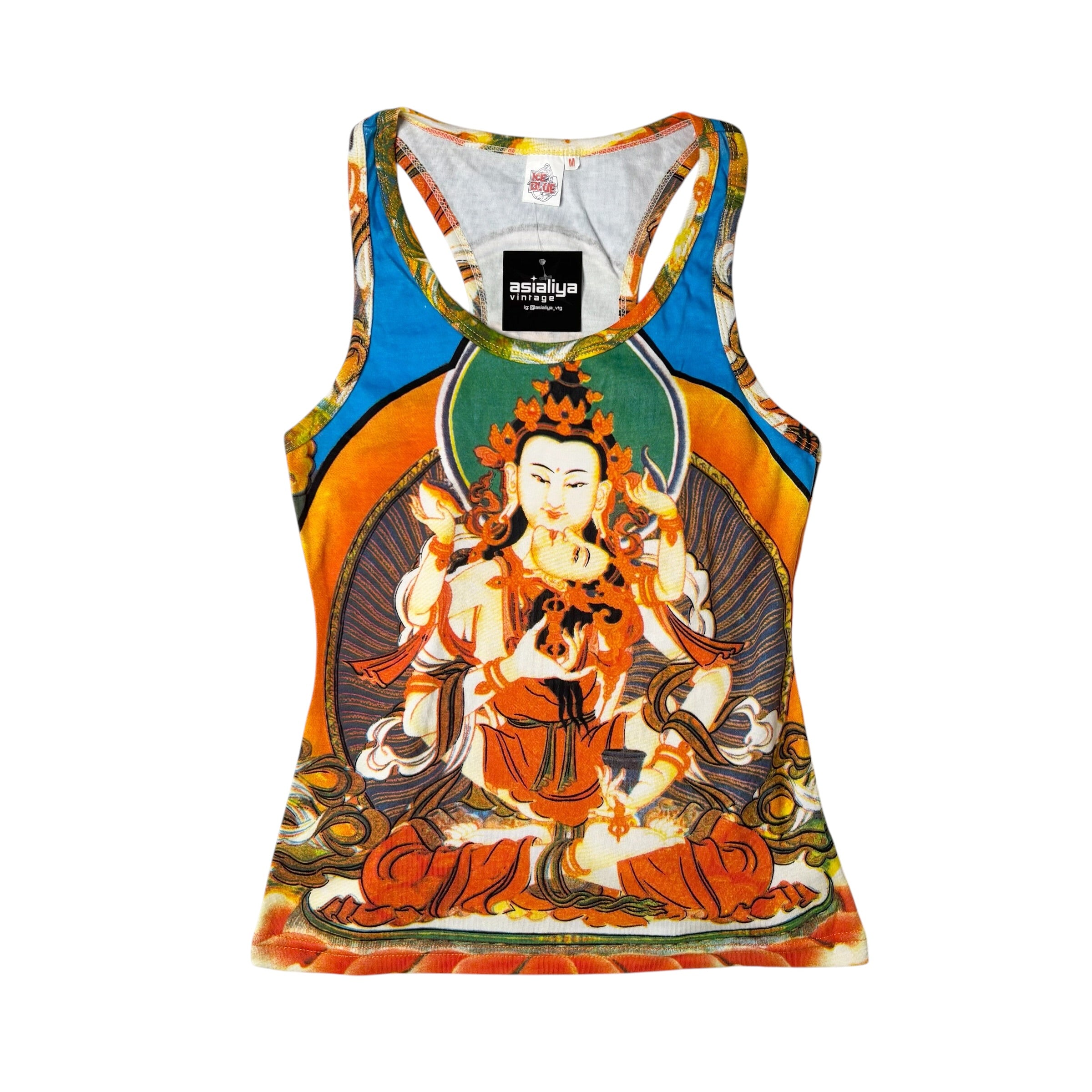 Y2k Ice Blue Buddhist Graphic Racerback Tank (S)