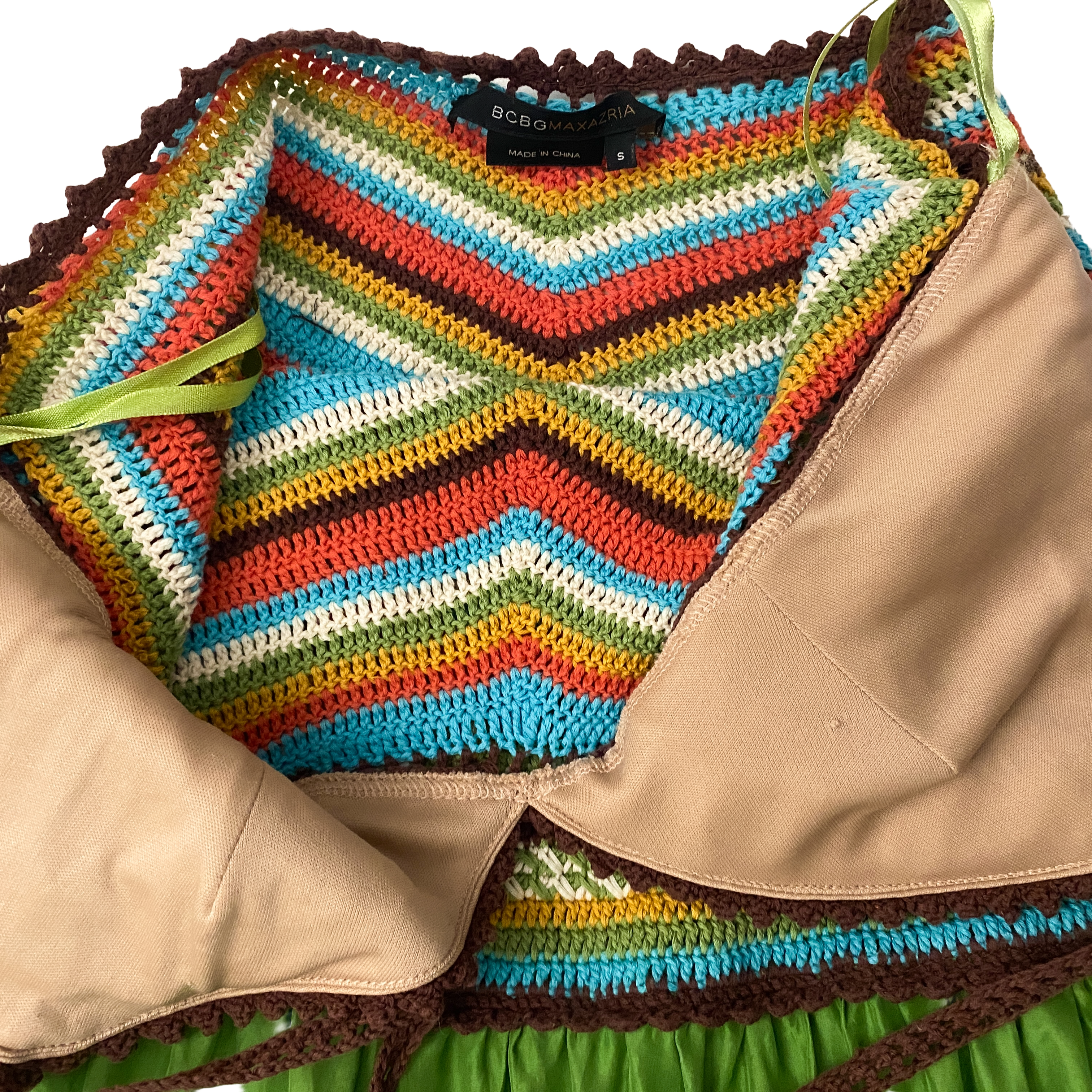 BCBGMAXAZRIA Colorful Silk Crochet A-Line Halter Midi Dress (S)