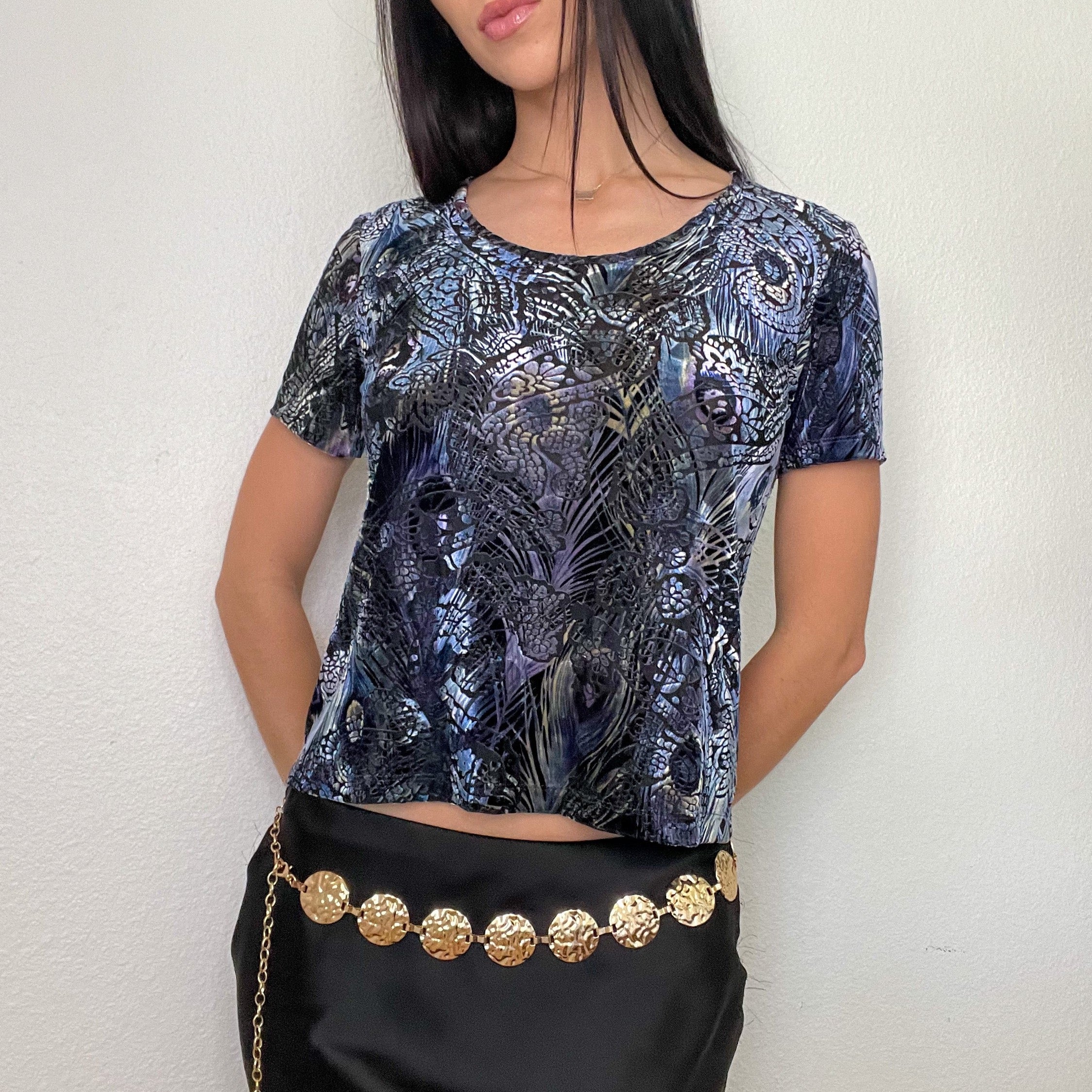 Purple Velour Mesh Printed Top (S)