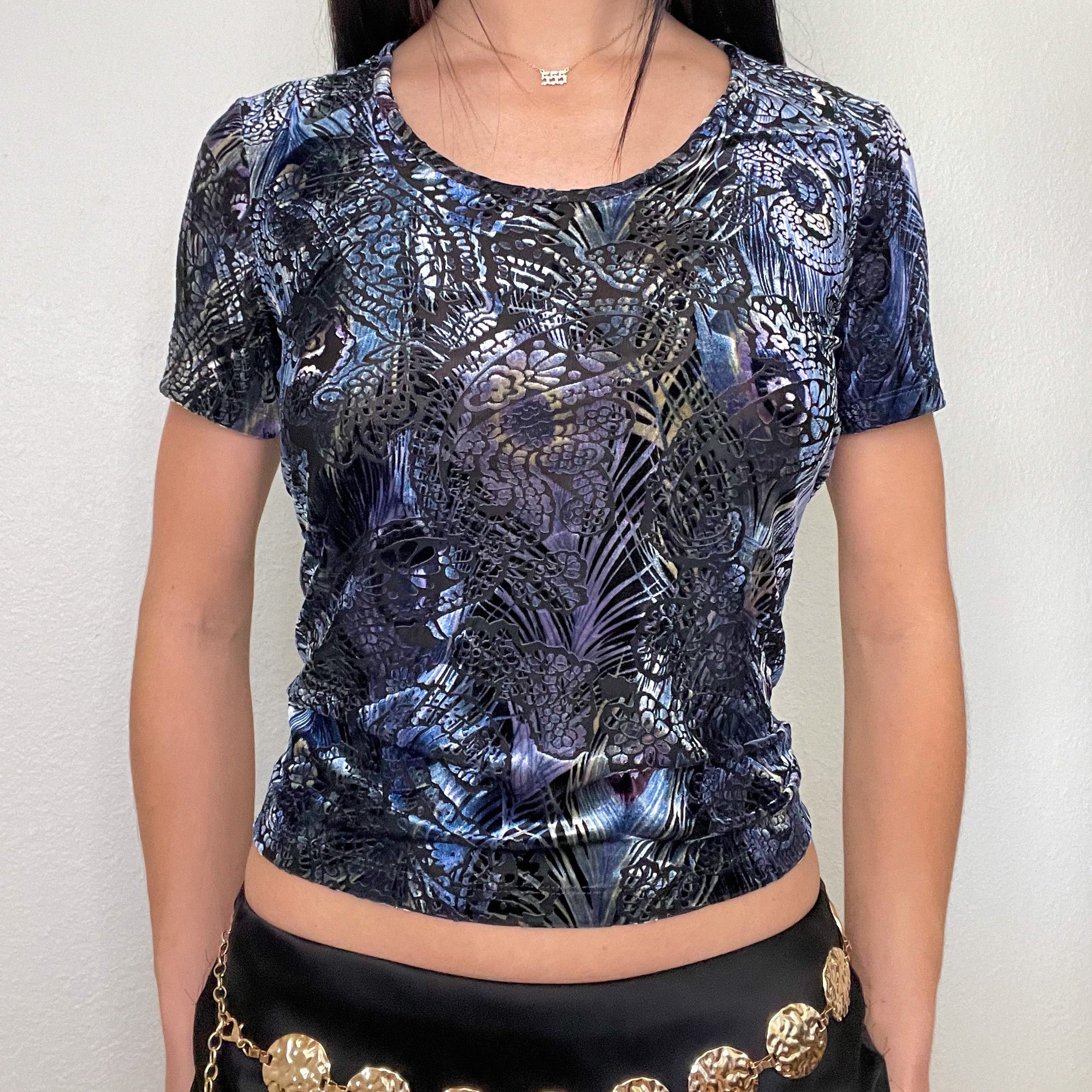 Purple Velour Mesh Printed Top (S)