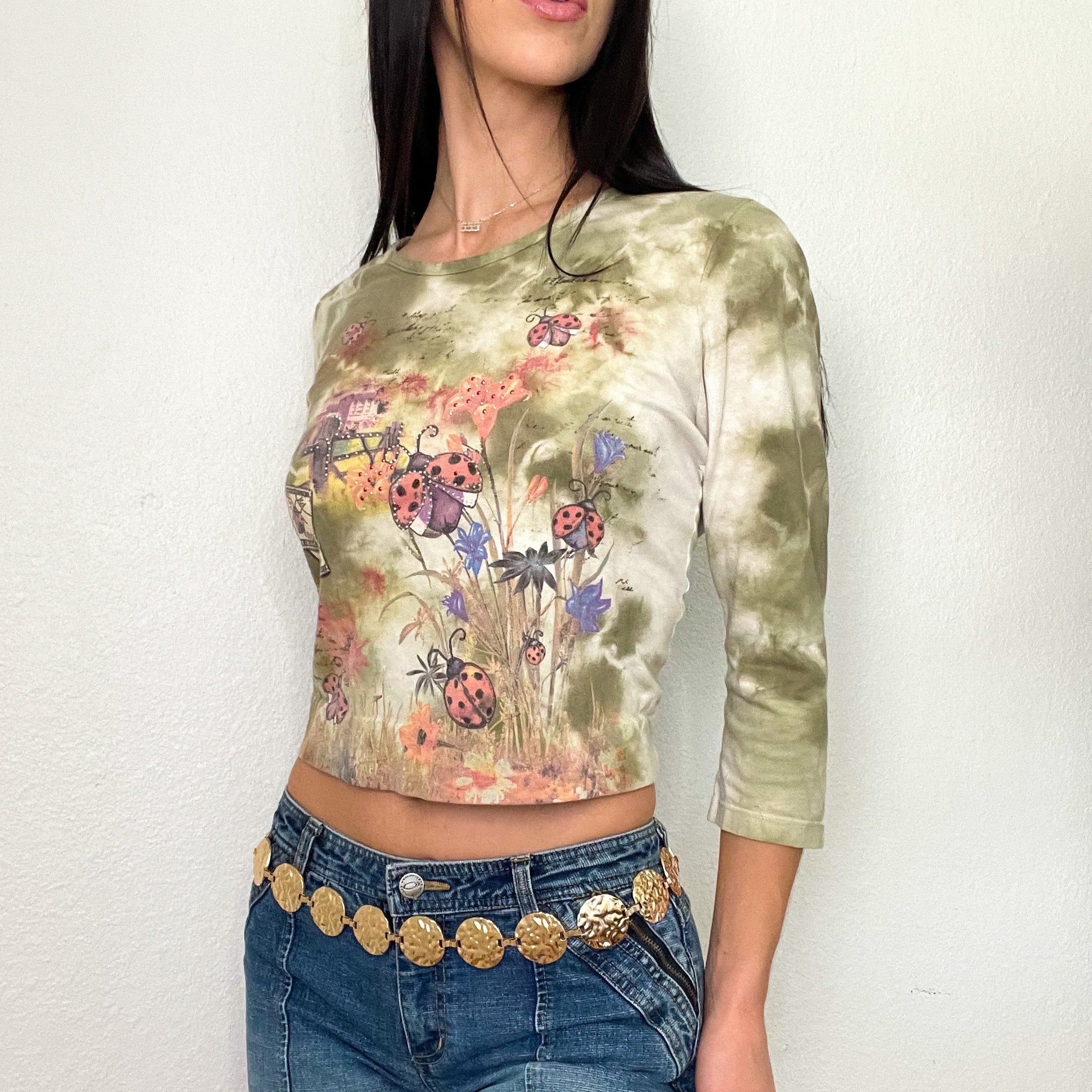 Green Lady Bug 2000s Cropped Tee (M)