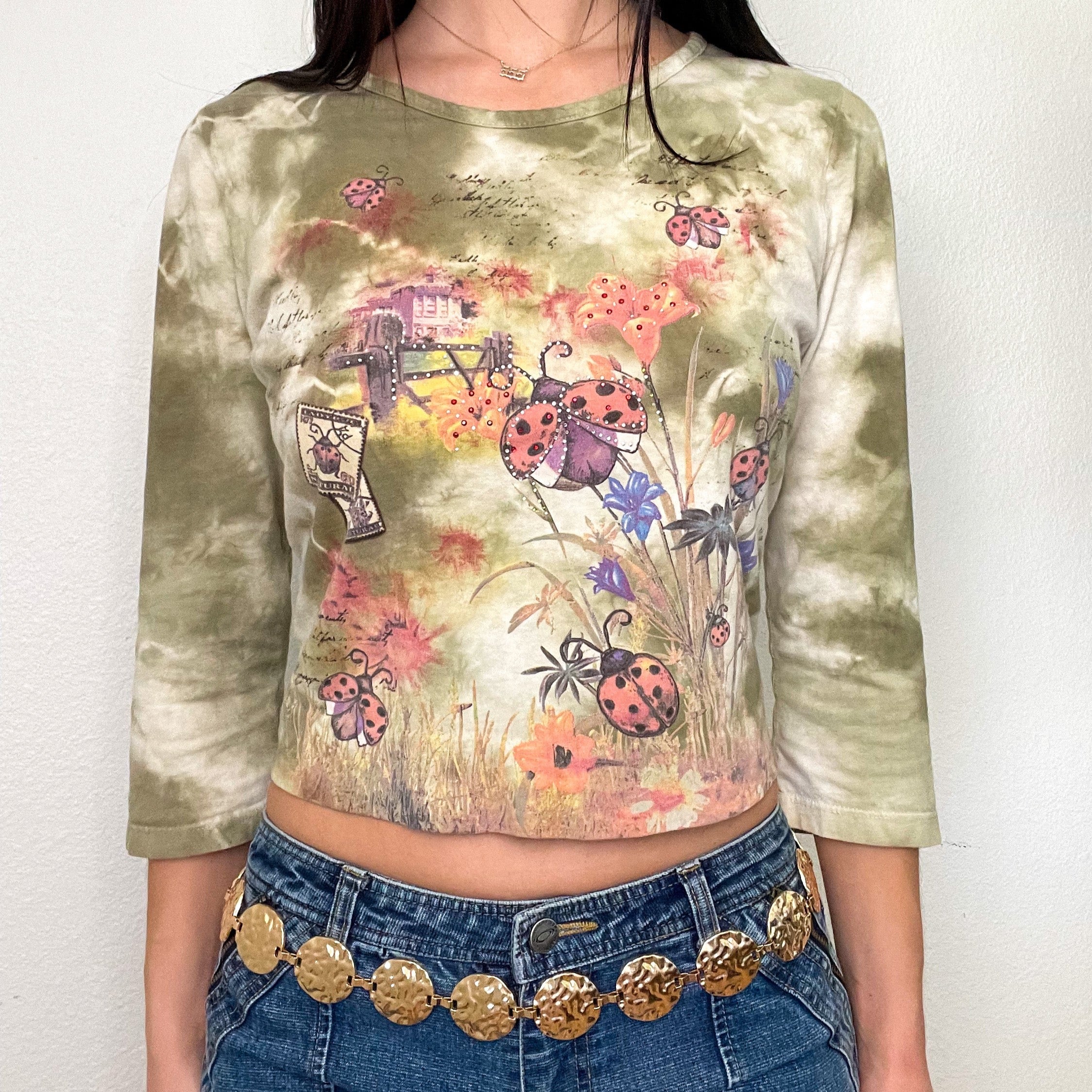 Green Lady Bug 2000s Cropped Tee (M)