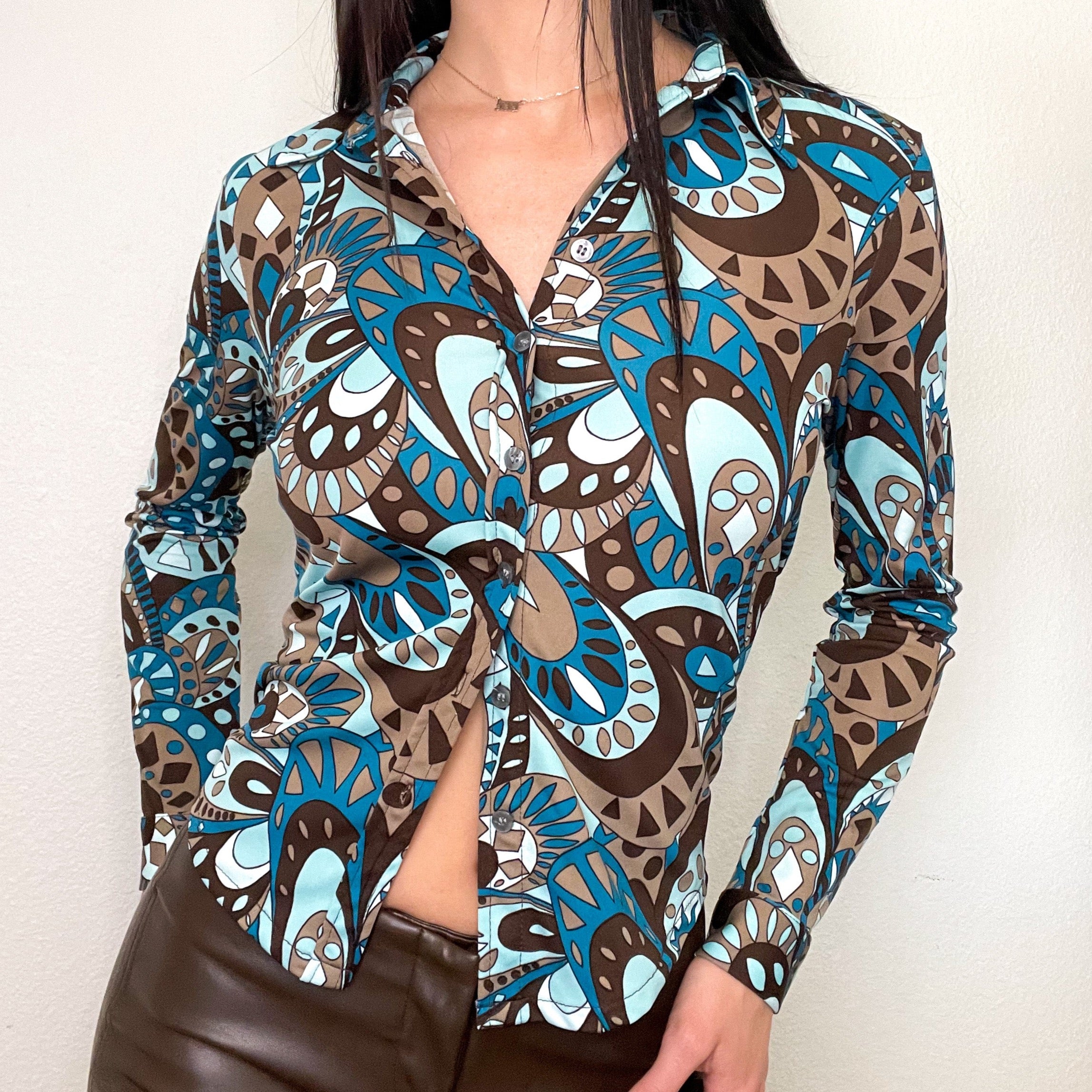 Blue and Brown Printed Y2K Long Sleeve Blouse Top (S)