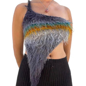 Gray Fuzzy Asymmetrical One Shoulder Knit Top (XS-XL)