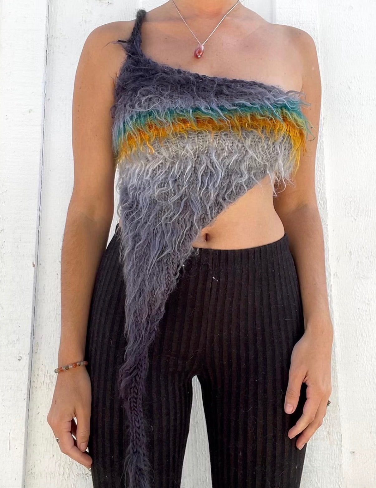 Gray Fuzzy Asymmetrical One Shoulder Knit Top (XS-XL)