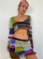 Colorful Fuzzy Patchwork Knit Top & Mini Skirt Set (XS-2XL)
