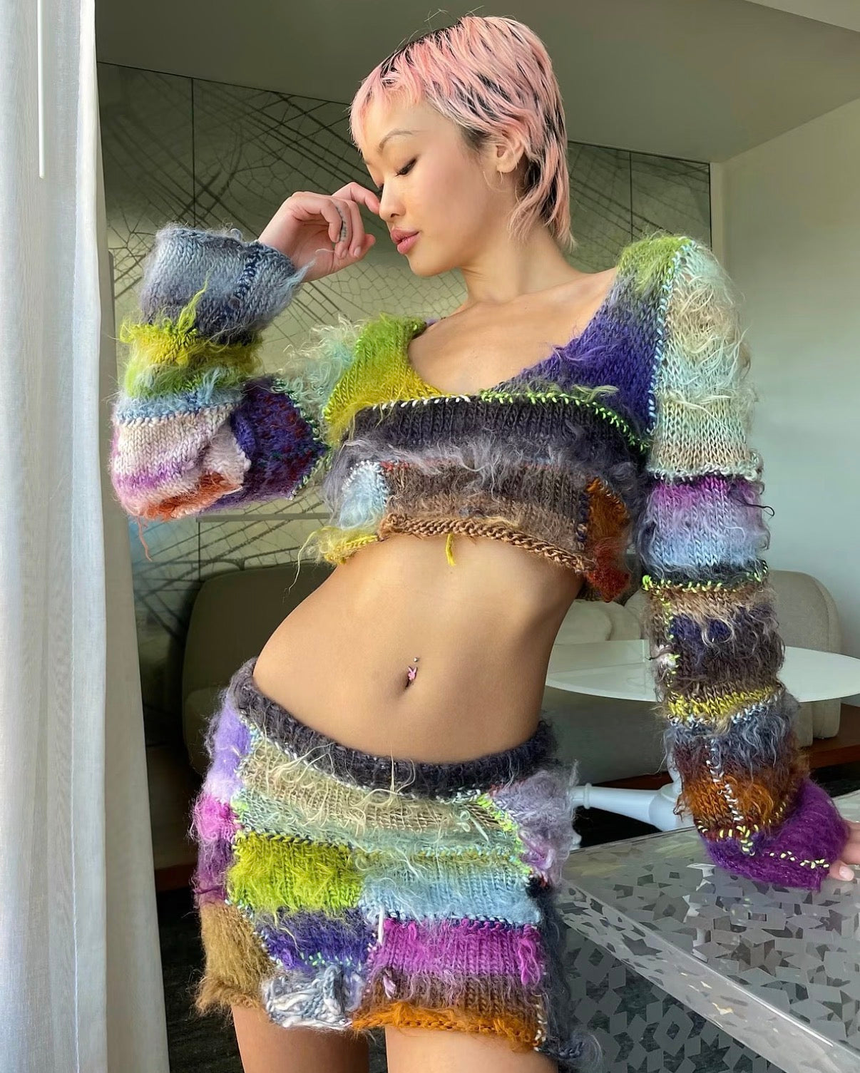 Colorful Fuzzy Patchwork Knit Top & Mini Skirt Set (XS-2XL)