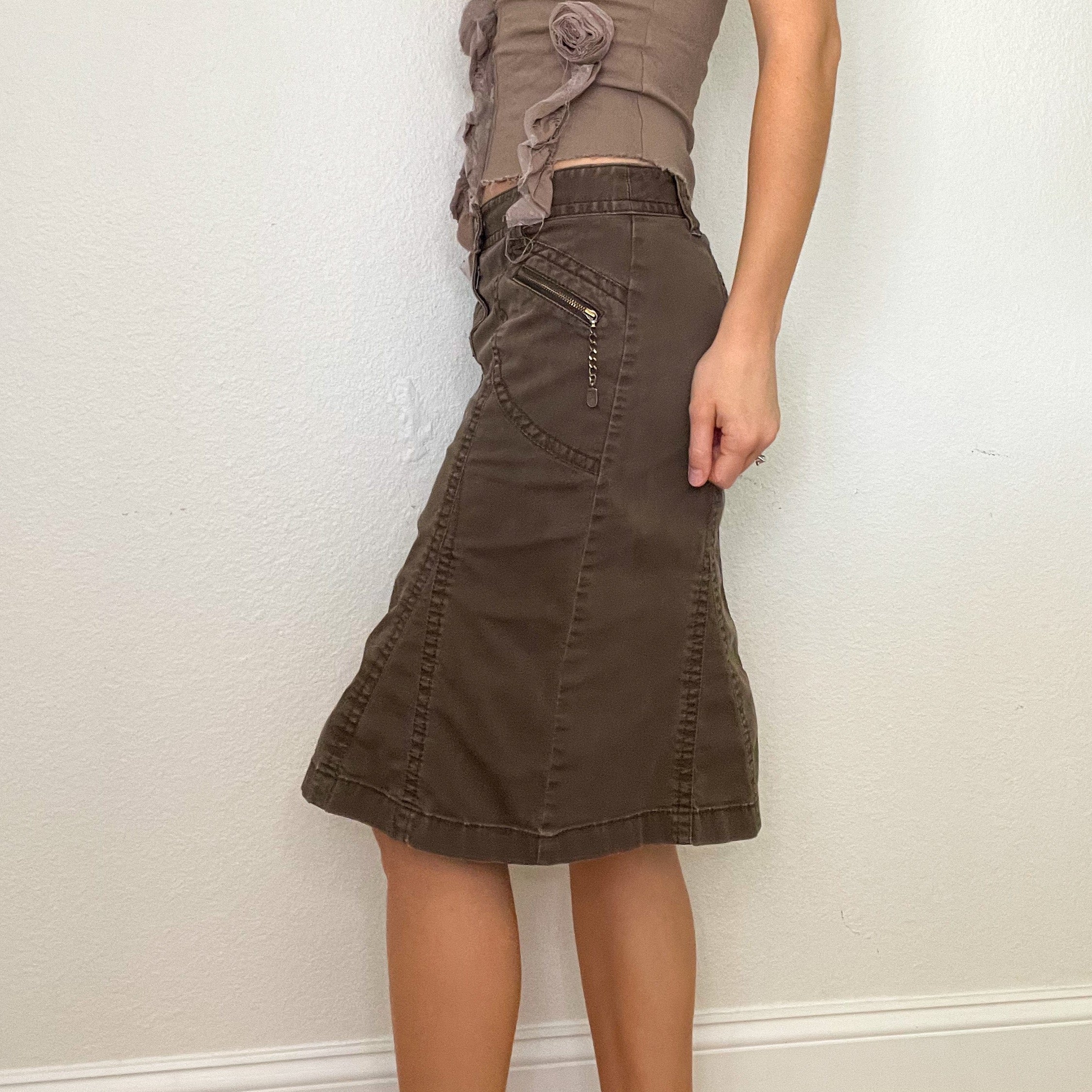 Brown Denim Cargo Y2K Midi Skirt (S)