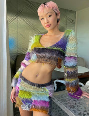 Colorful Fuzzy Patchwork Knit Top & Mini Skirt Set (XS-2XL)