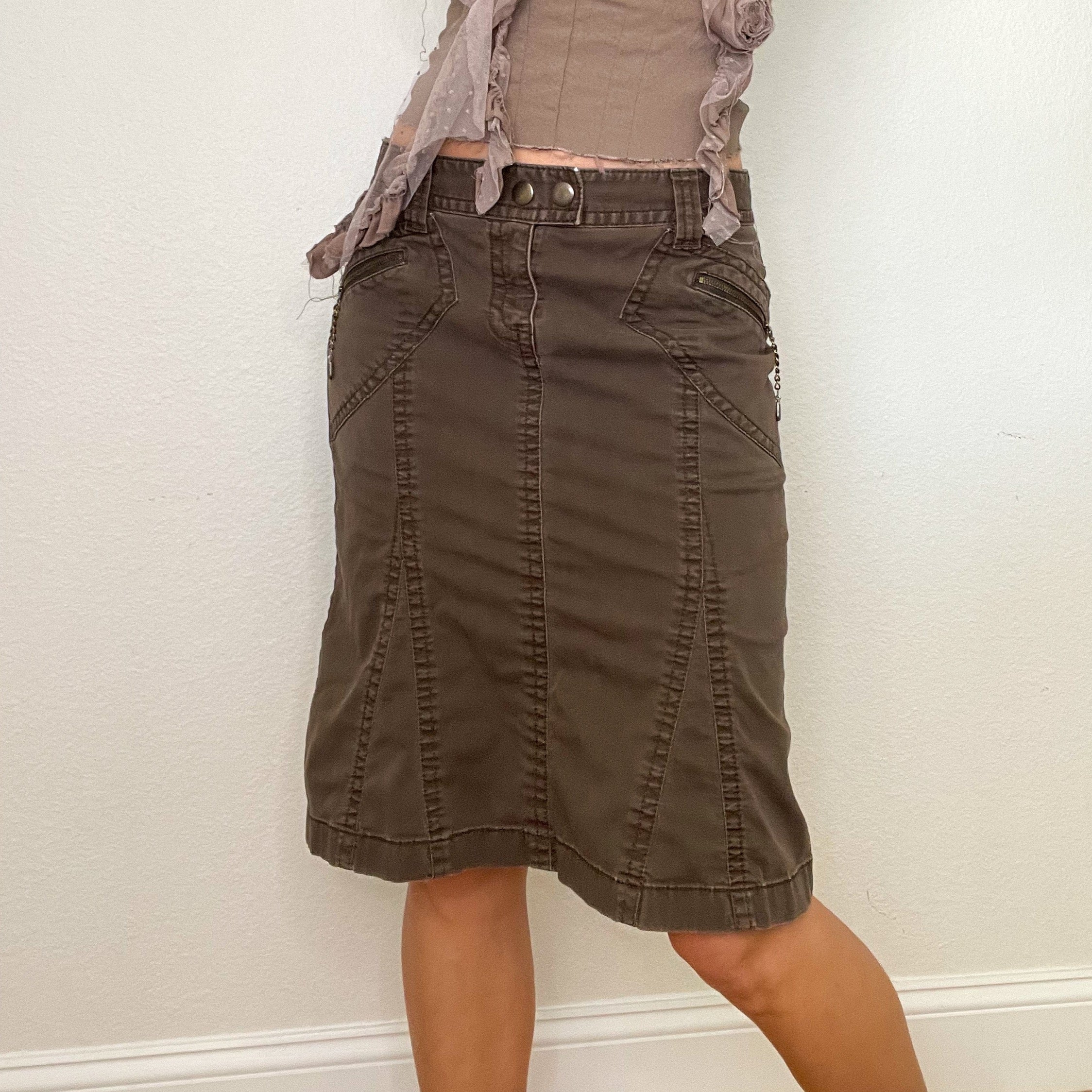 Brown Denim Cargo Y2K Midi Skirt (S)