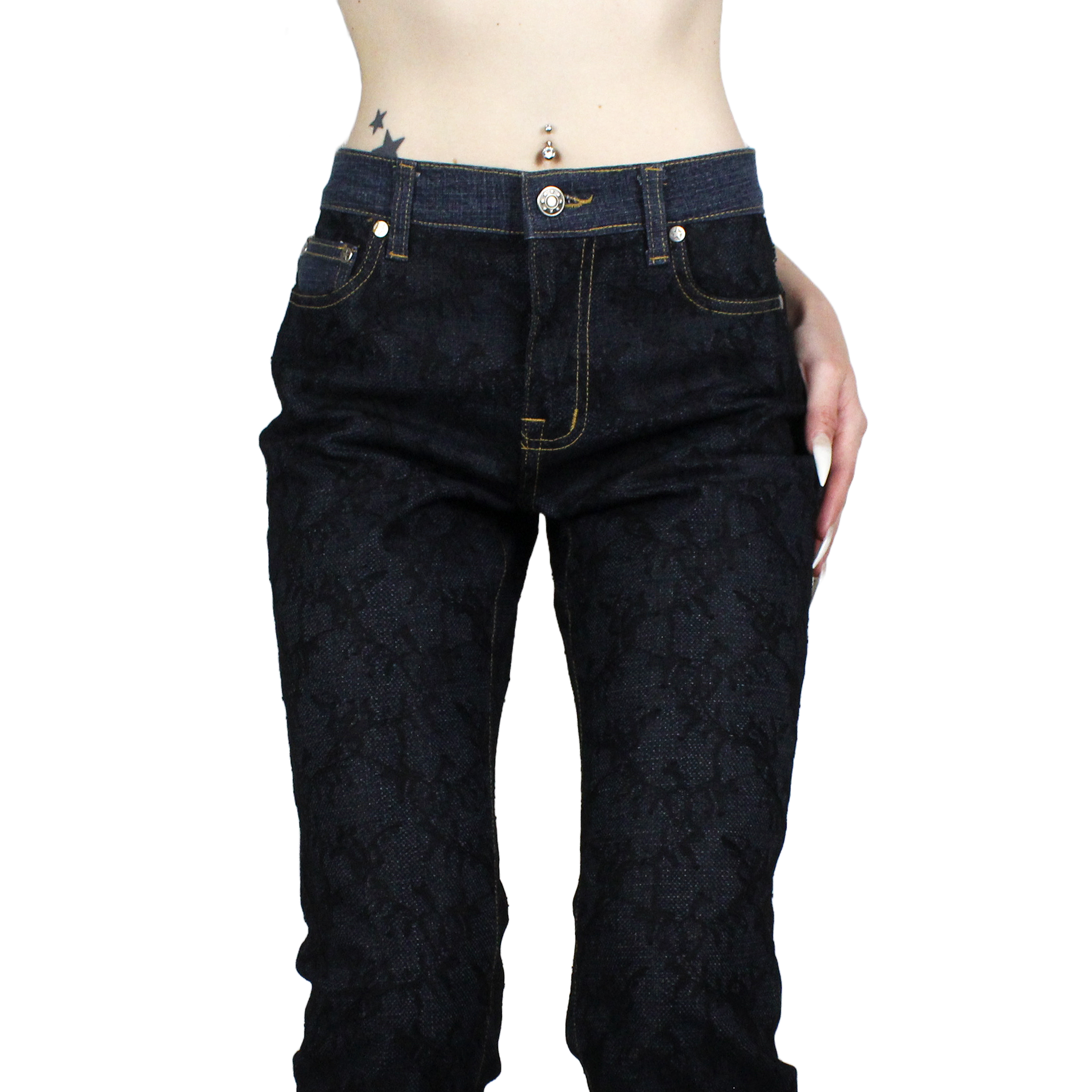 90s Caché Lace Flare Jeans (XS)