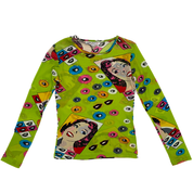 Miss Sixty 2000s Lime Floral & Faces Mesh Long Sleeve Top (M)