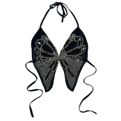 Vintage Padded Black Backless Embellished Butterfly Halter Top (S)