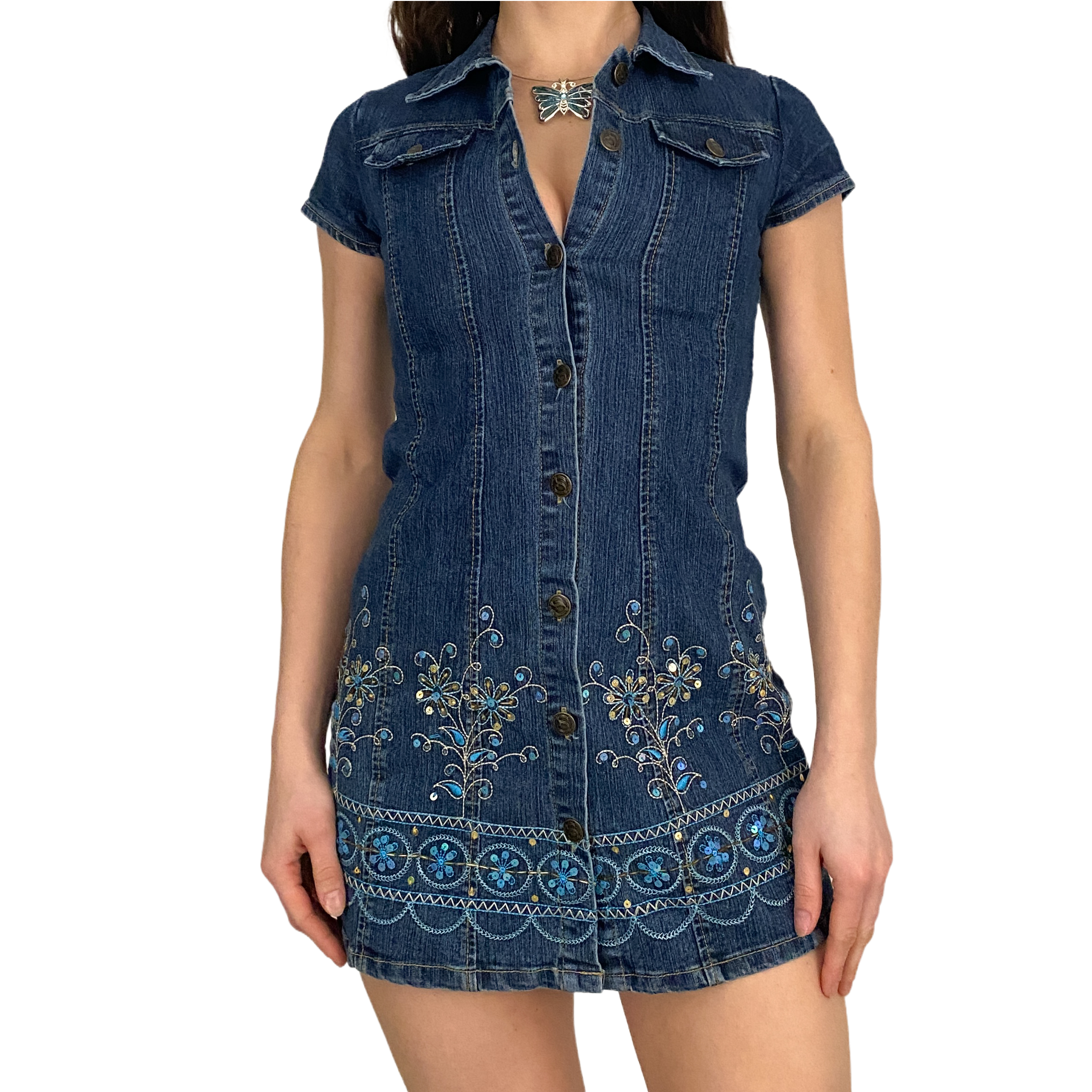 denim micro mini dress Embellished Micro Mini Denim Dress (XS) – Holy Thrift