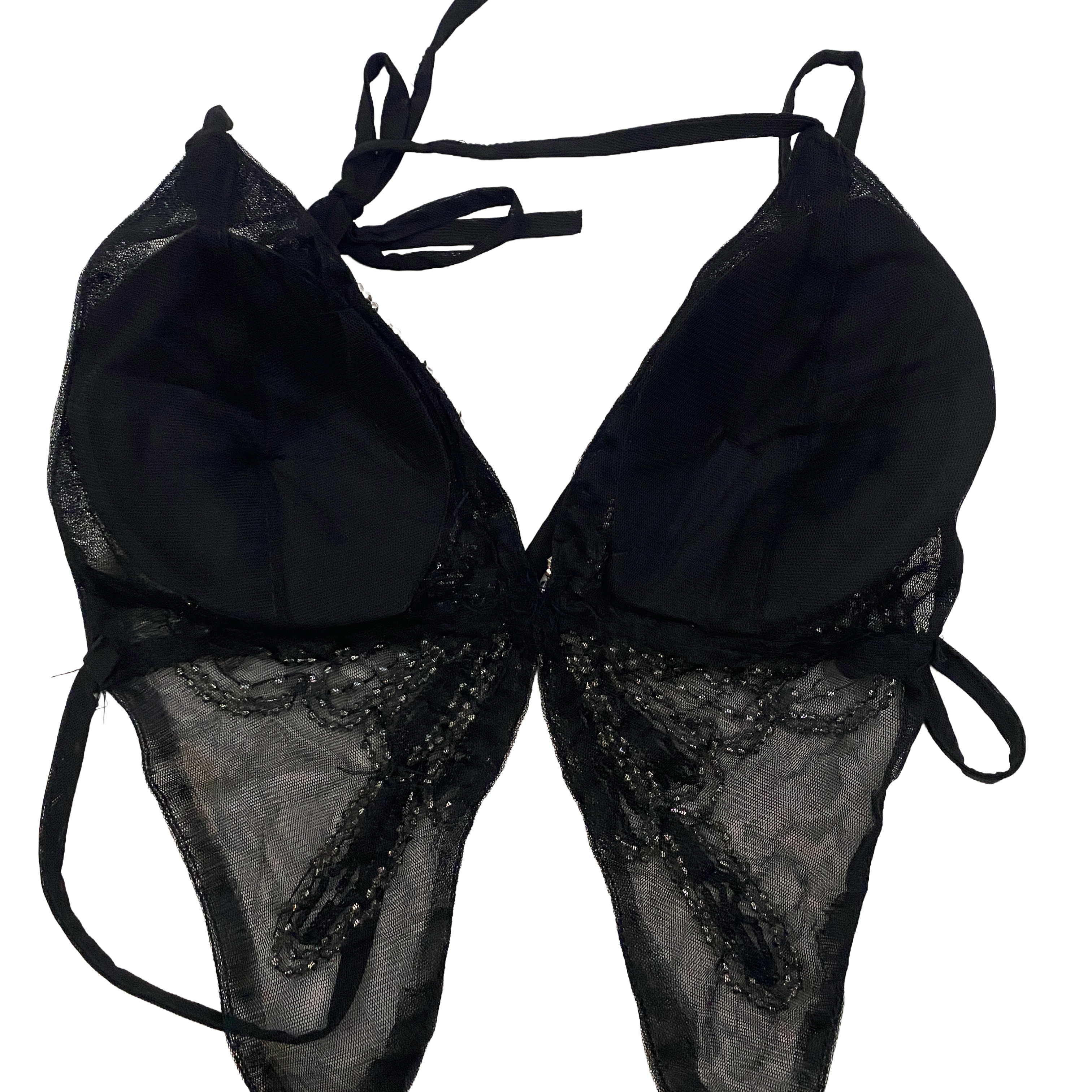 Vintage Padded Black Backless Embellished Butterfly Halter Top (S)