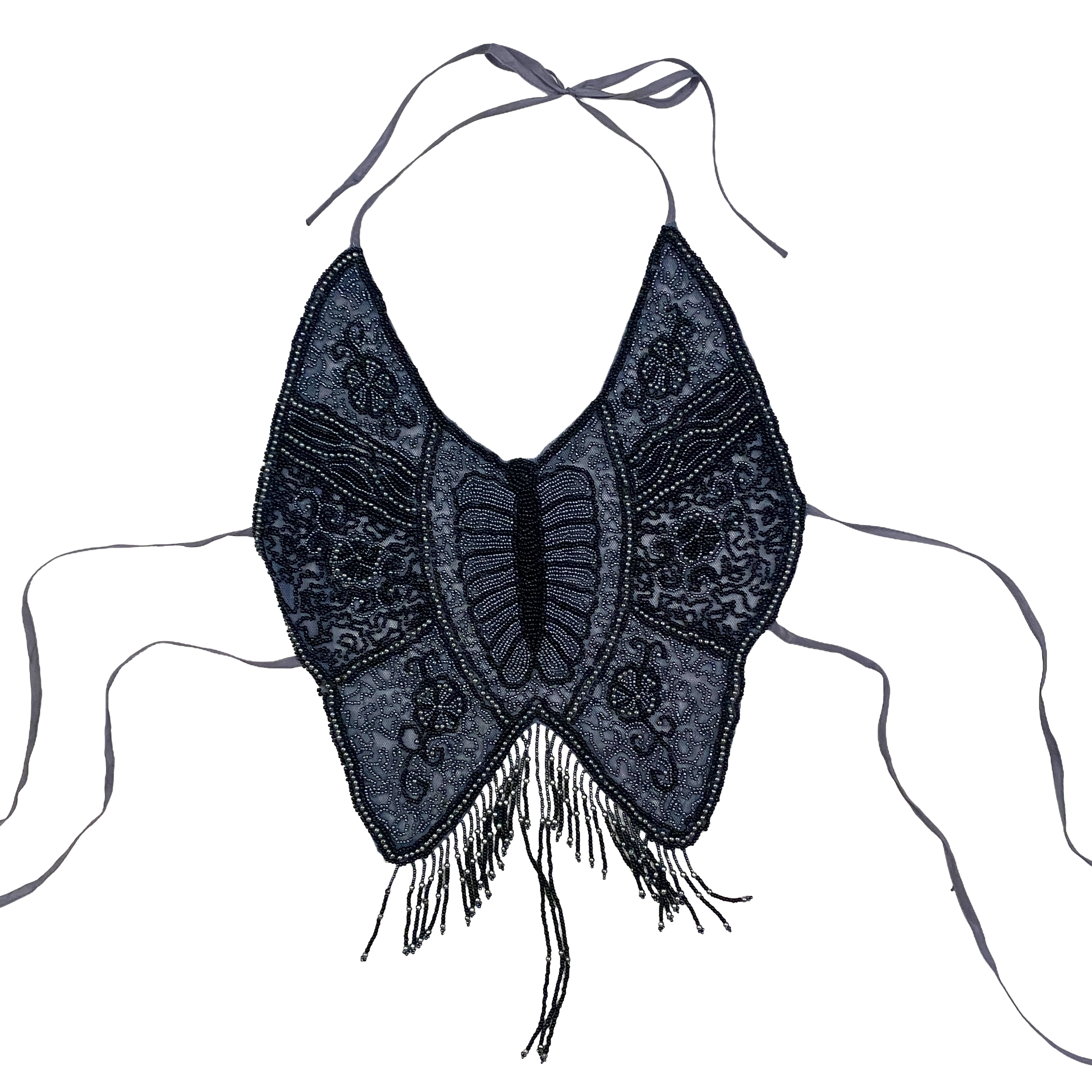 Vintage Silver Gray Butterfly Embellished Backless Halter Top (XS/S)