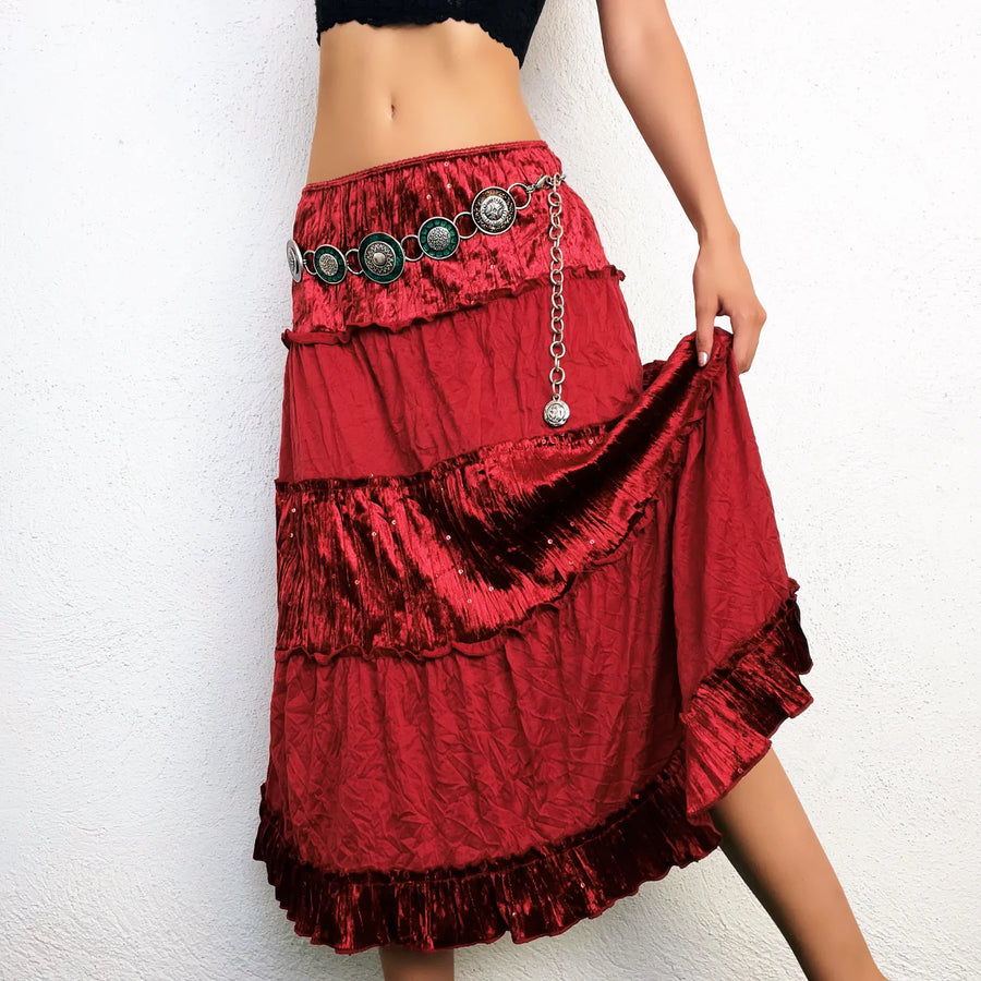 Cherry Red Tiered Midi Skirt (S/M)