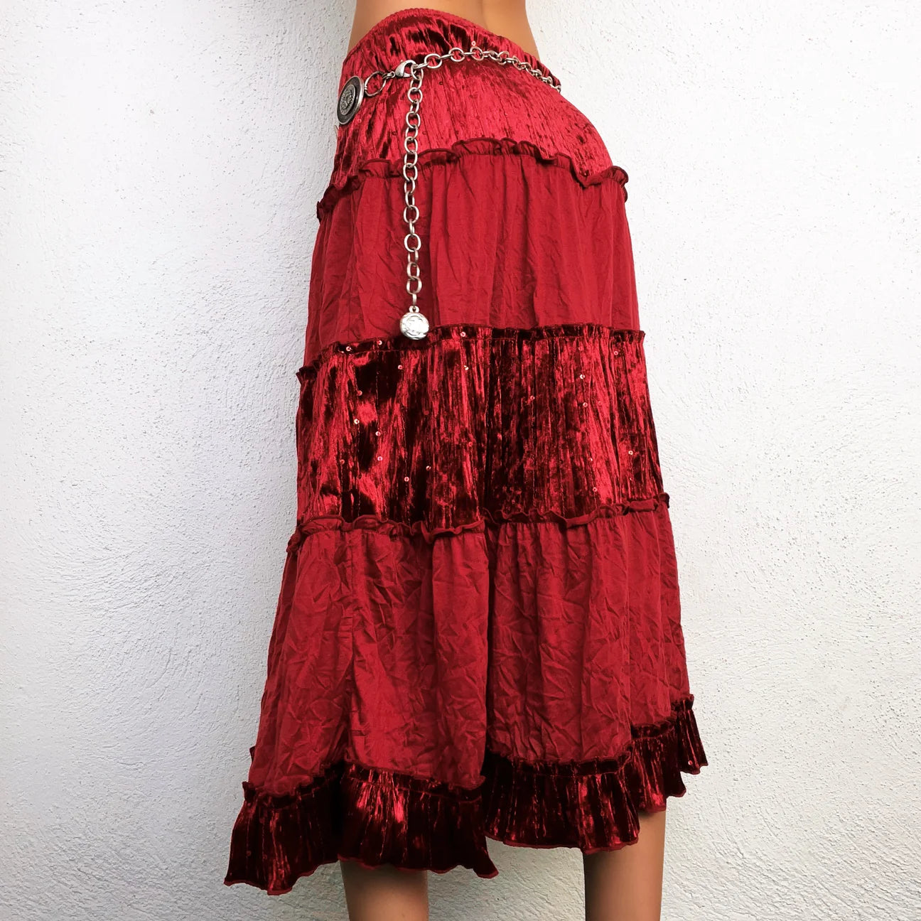Cherry Red Tiered Midi Skirt (S/M)