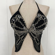 Vintage Padded Black Backless Embellished Butterfly Halter Top (S)