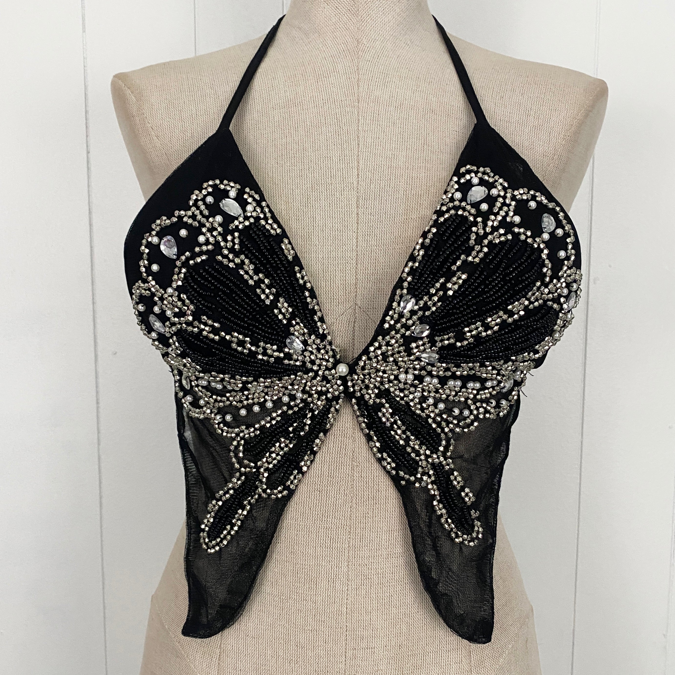 Vintage Padded Black Backless Embellished Butterfly Halter Top (S)