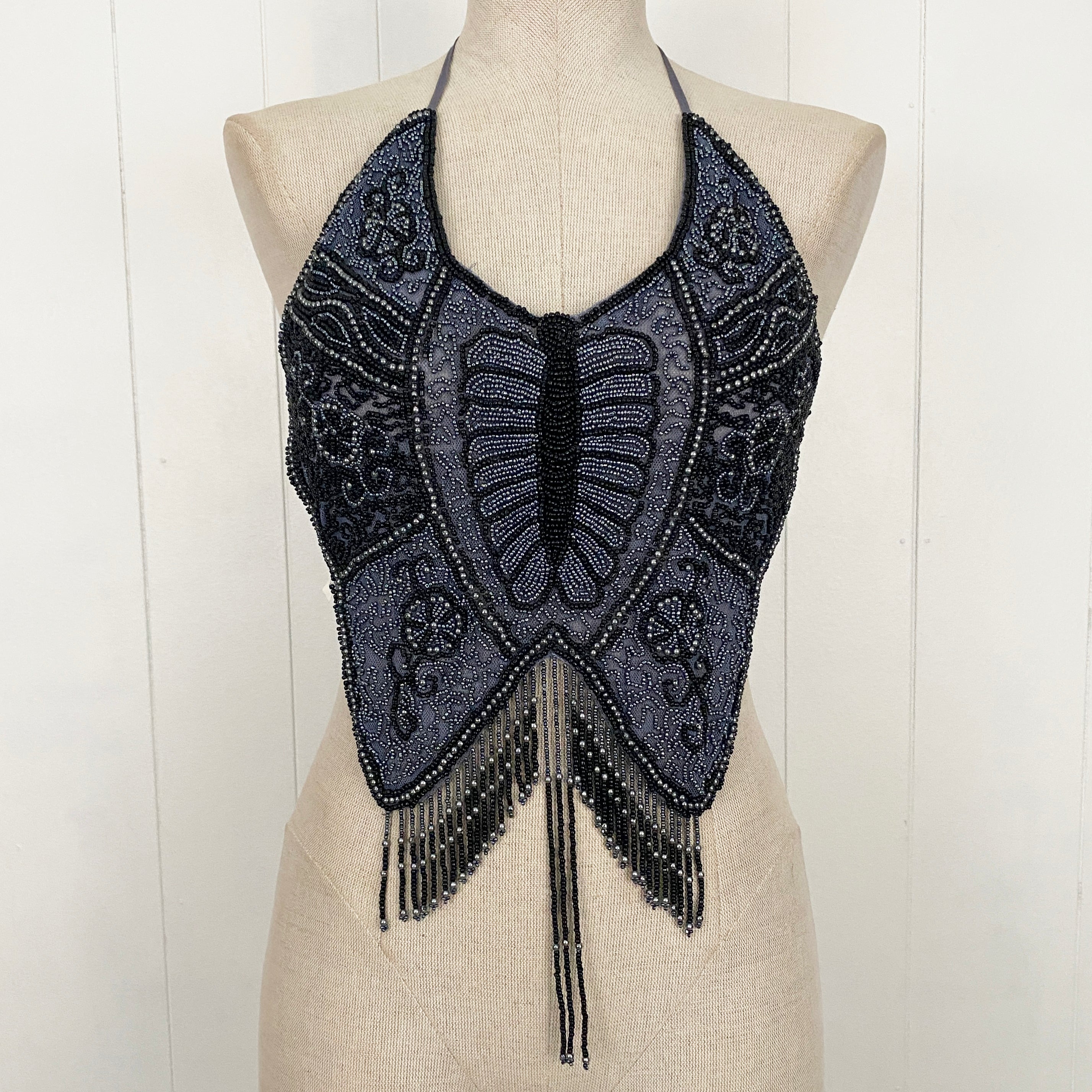 Vintage Silver Gray Butterfly Embellished Backless Halter Top (XS/S)