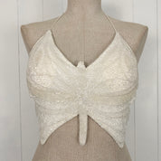 Vintage White Backless Embellished Butterfly Halter Top (S)