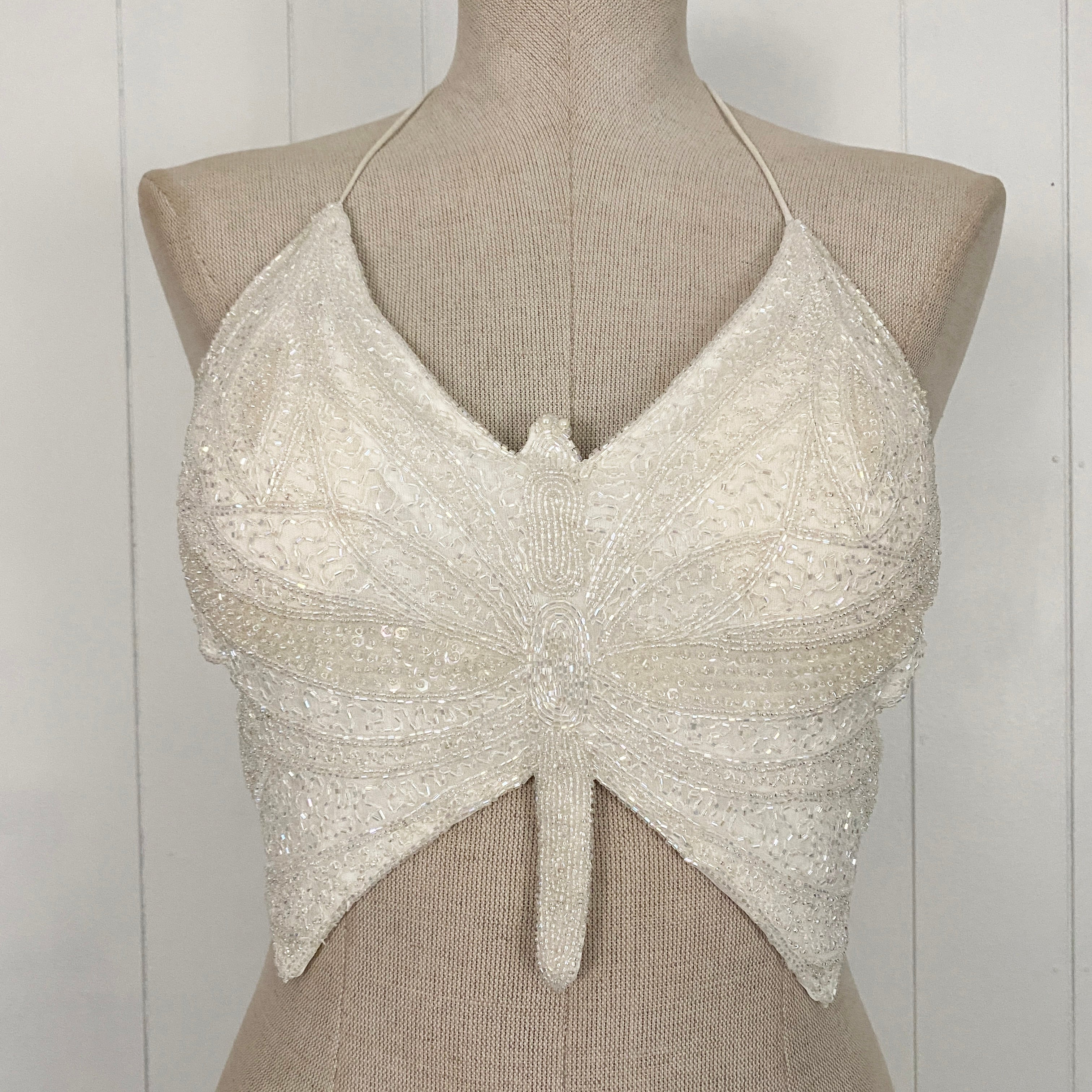 Vintage White Backless Embellished Butterfly Halter Top (S)
