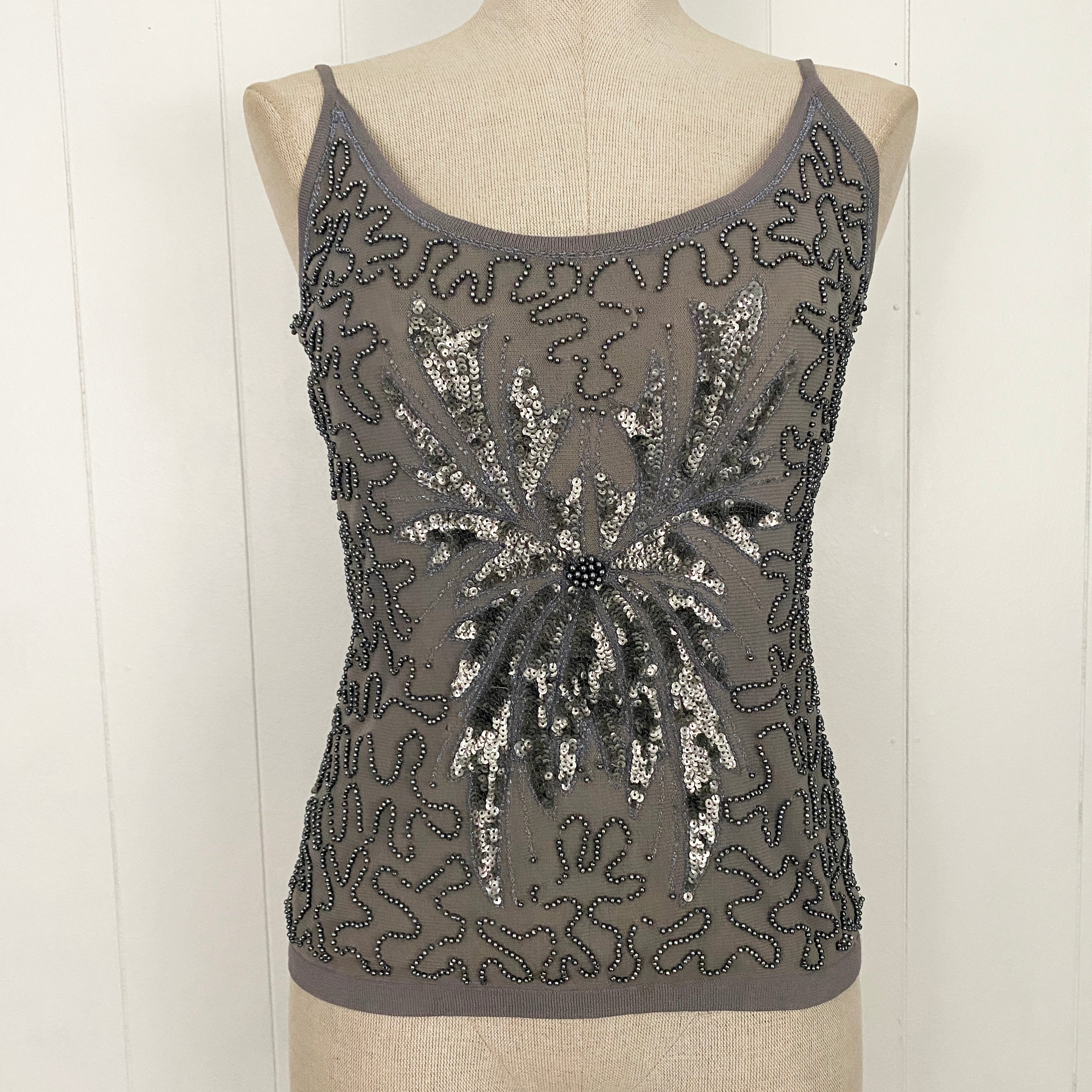 Vintage Silver Gray Knit Embellished Tank Top (S/M)