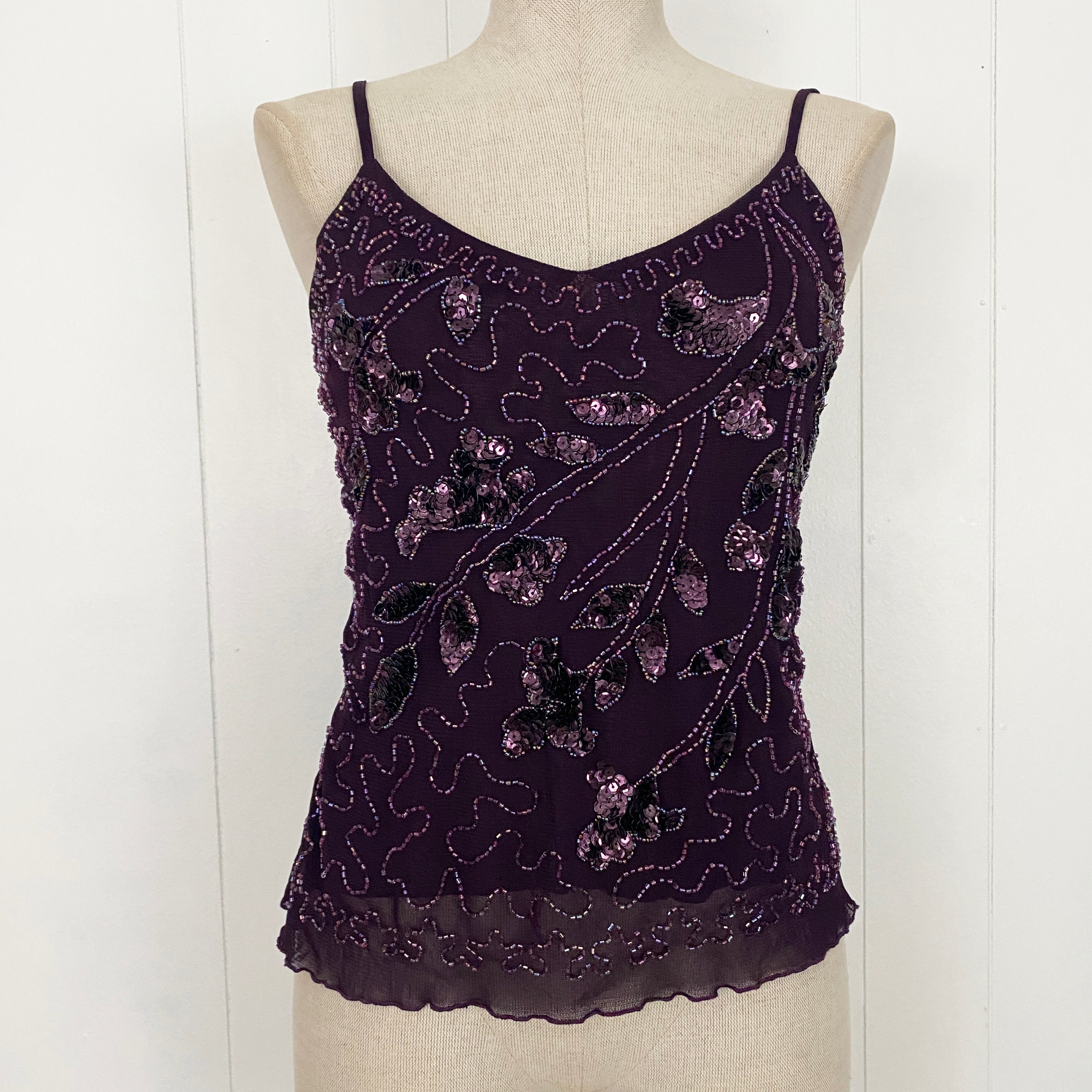 Vintage Purple Leaf Embellished Mesh Tank Top (S)