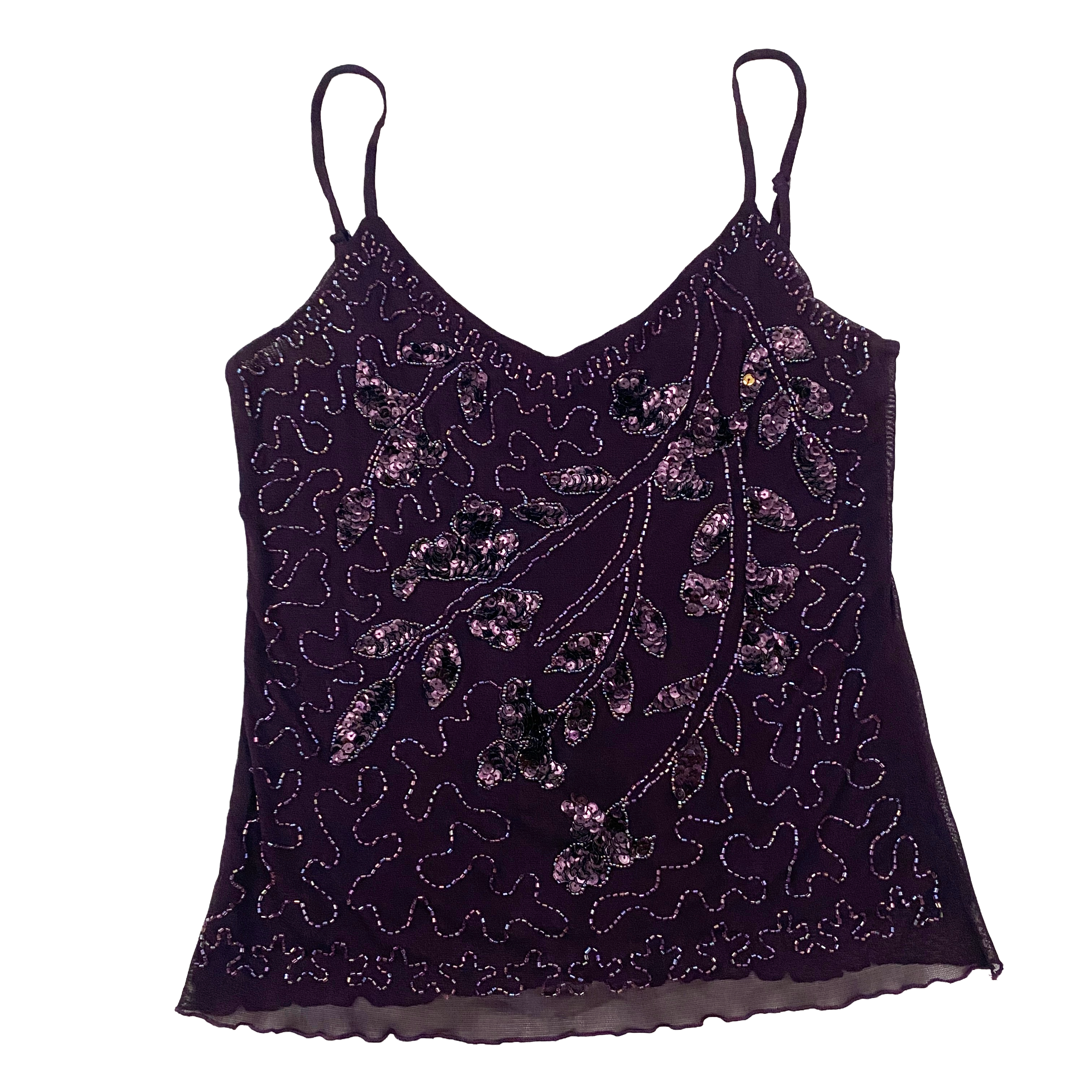 Vintage Purple Leaf Embellished Mesh Tank Top (S)