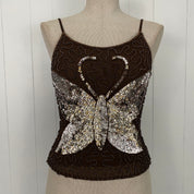 Vintage Brown Embellished Mesh Butterfly Tank Top (XS/S)