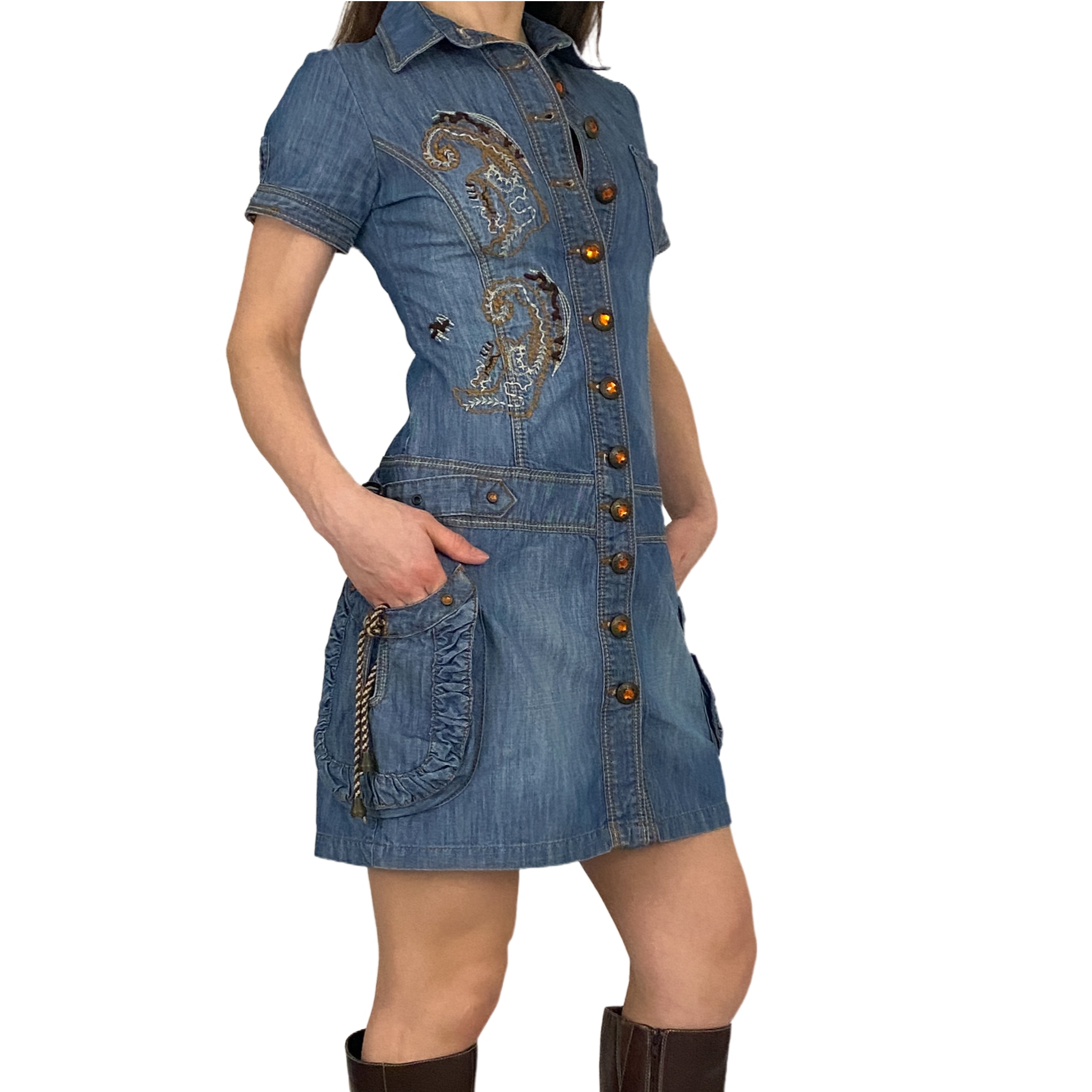 Embroidered Denim Mini Dress (S) Holy Thrift Embroidered Denim Mini Dress (S) Holy Thrift