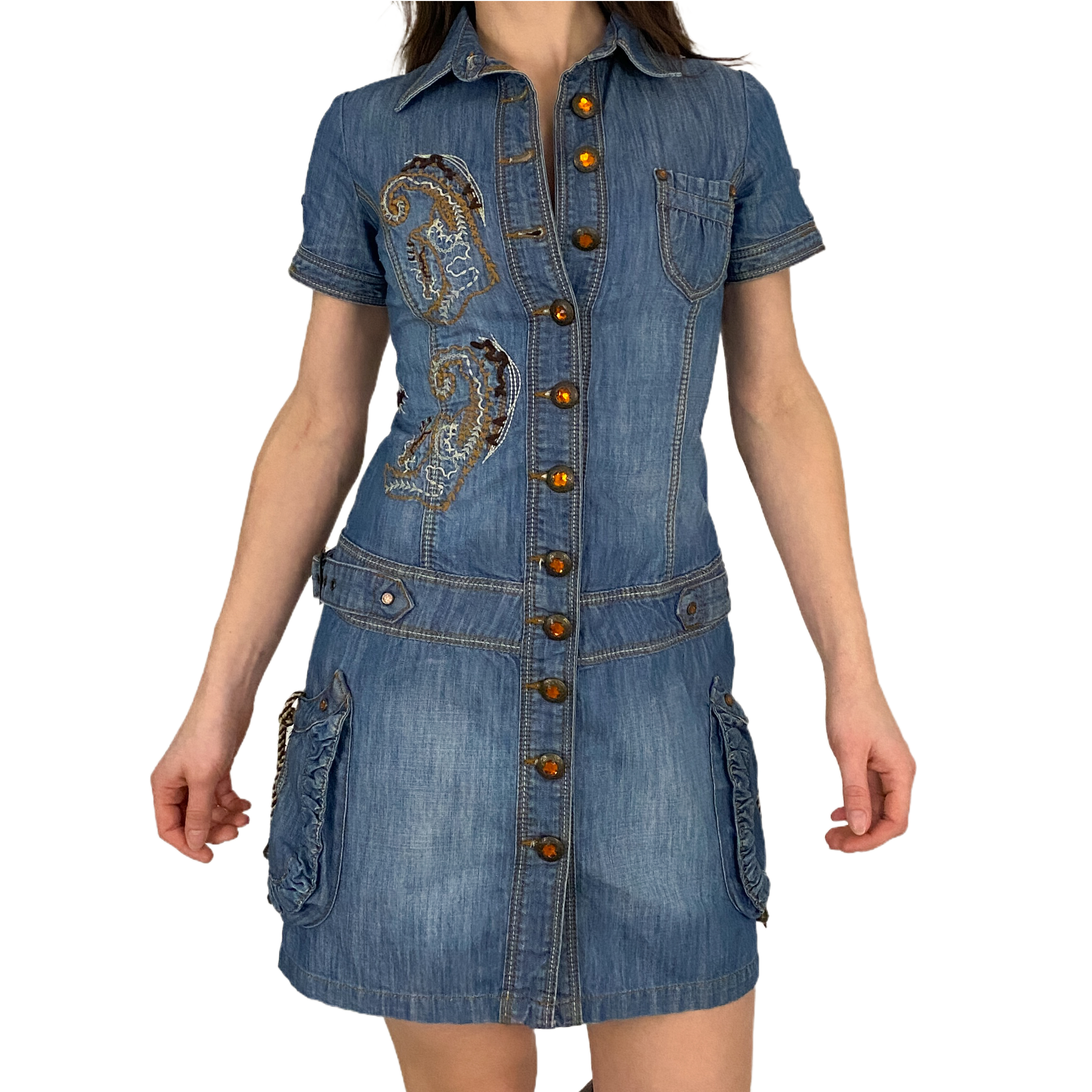 Embroidered Denim Mini Dress (S)