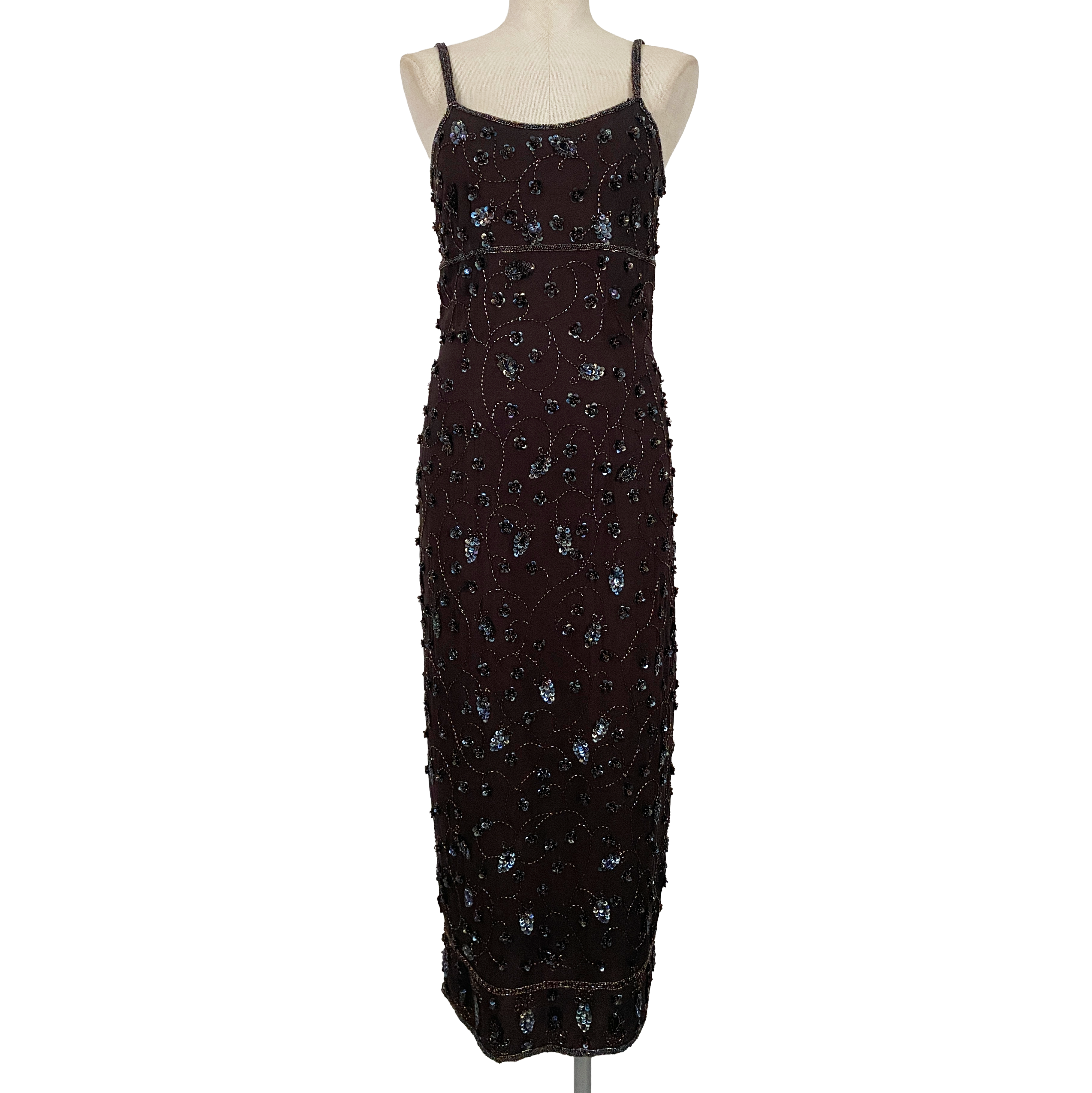 Vintage Brown Beaded Maxi Dress (S)