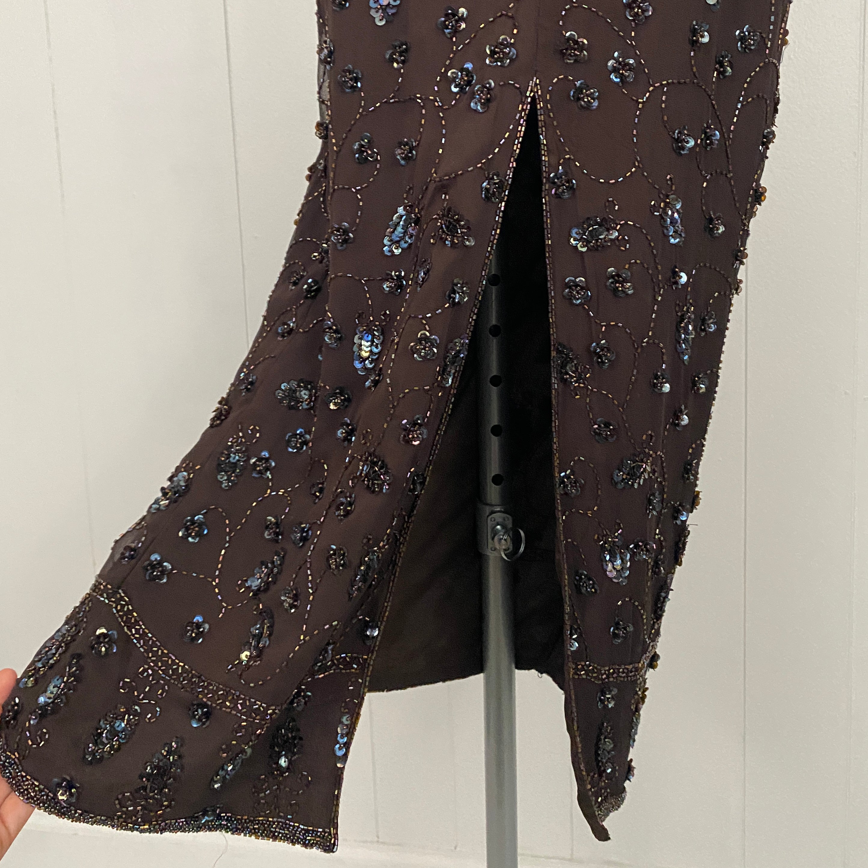 Vintage Brown Beaded Maxi Dress (S)
