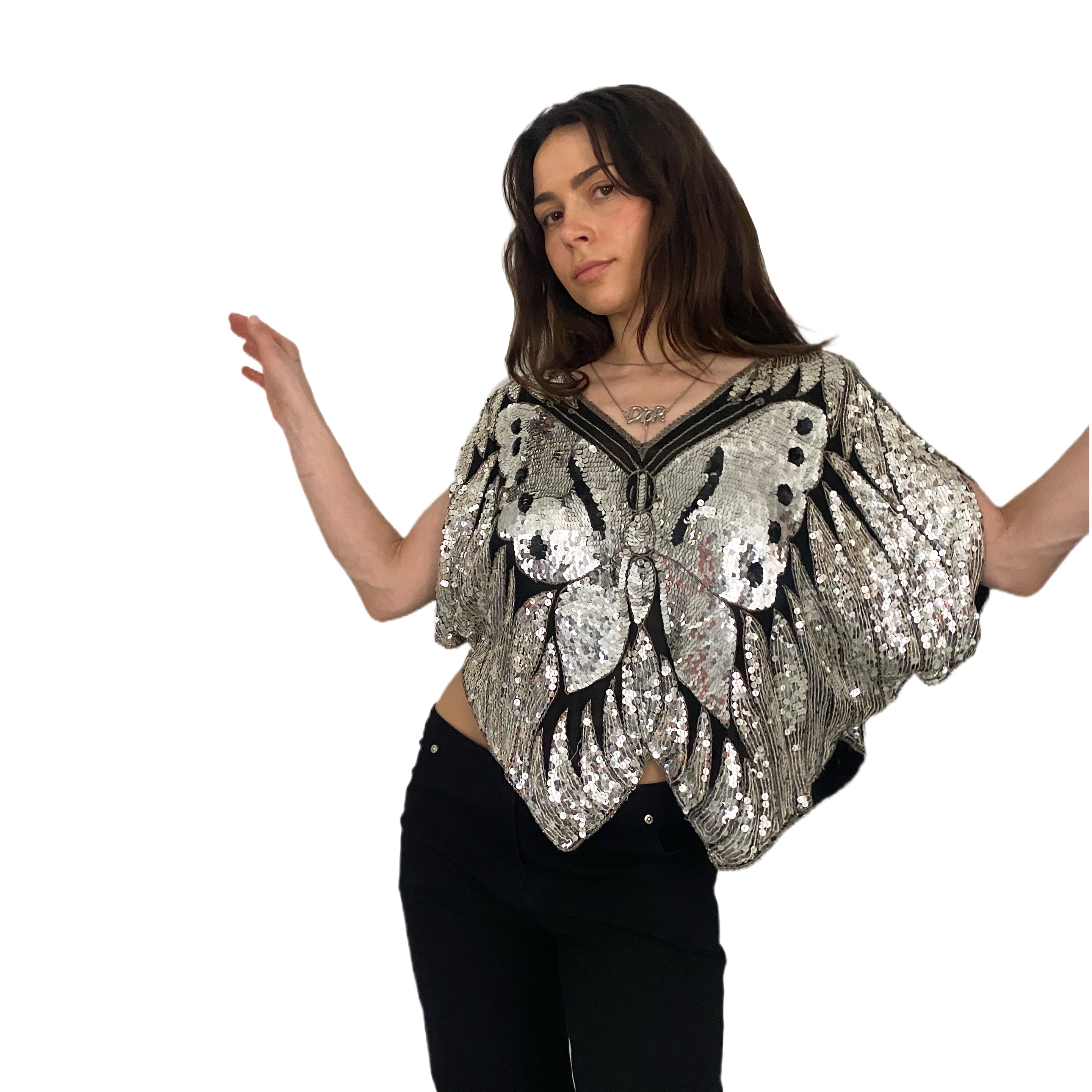 Vintage Silk Sequin Butterfly Top (S/M)