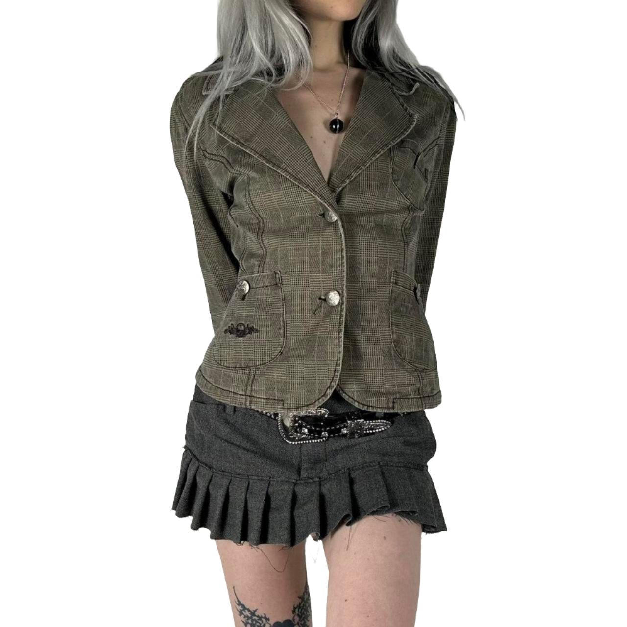 Y2K Skull Plaid Denim Jacket (M)