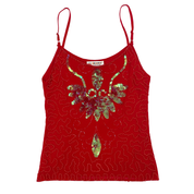 Vintage Red Beaded Embellished Mesh Tank Top (S)