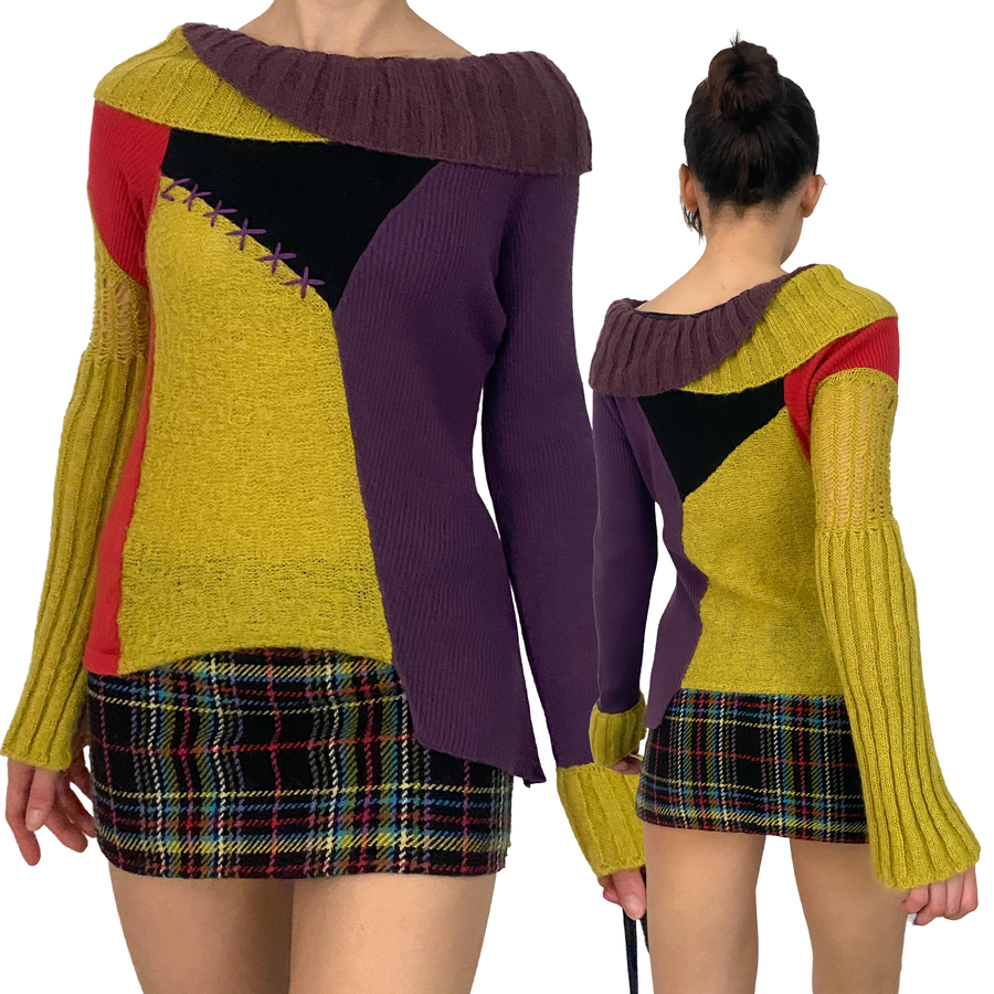 Save the Queen Colorful Asymmetric Patchwork Sweater (S)