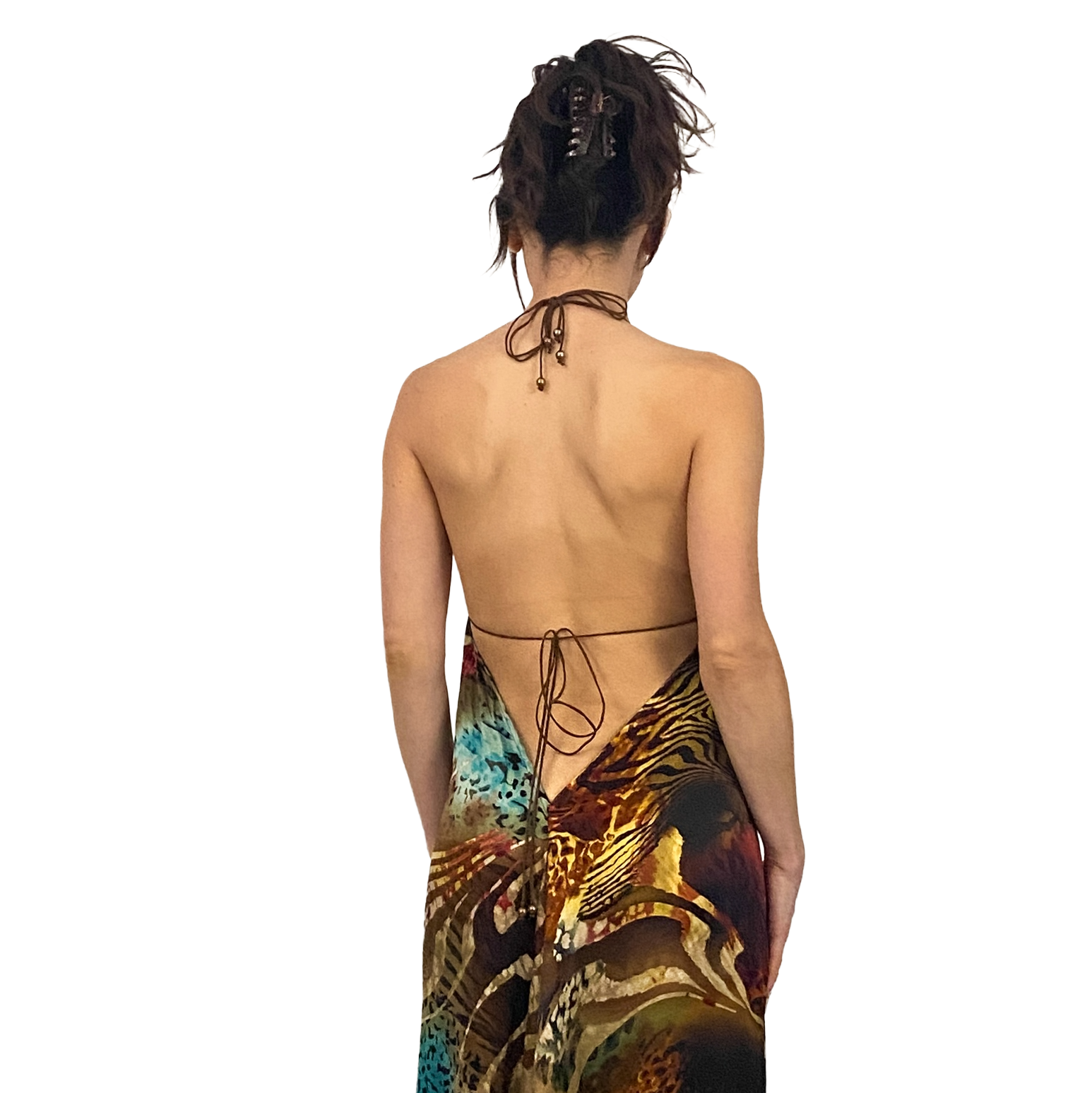 Vanity Embellished Animal Print Silk Halter Maxi Dress (S)