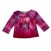 Y2K Victorian Doll Print Quarter Sleeve Mesh Top (L)