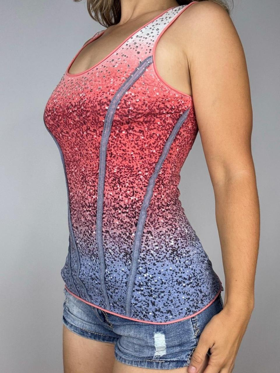 Rhinestone Embellished Photorealistic Sequin Graphic Tank (XS)