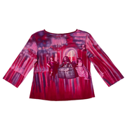 Y2K Victorian Doll Print Quarter Sleeve Mesh Top (L)