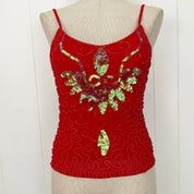 Vintage Red Beaded Embellished Mesh Tank Top (S)